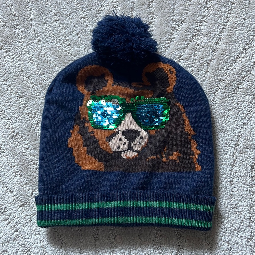 Toddler Cat & Jack Pom Pom Winter Hat Beanie Bear with Sunglasses
